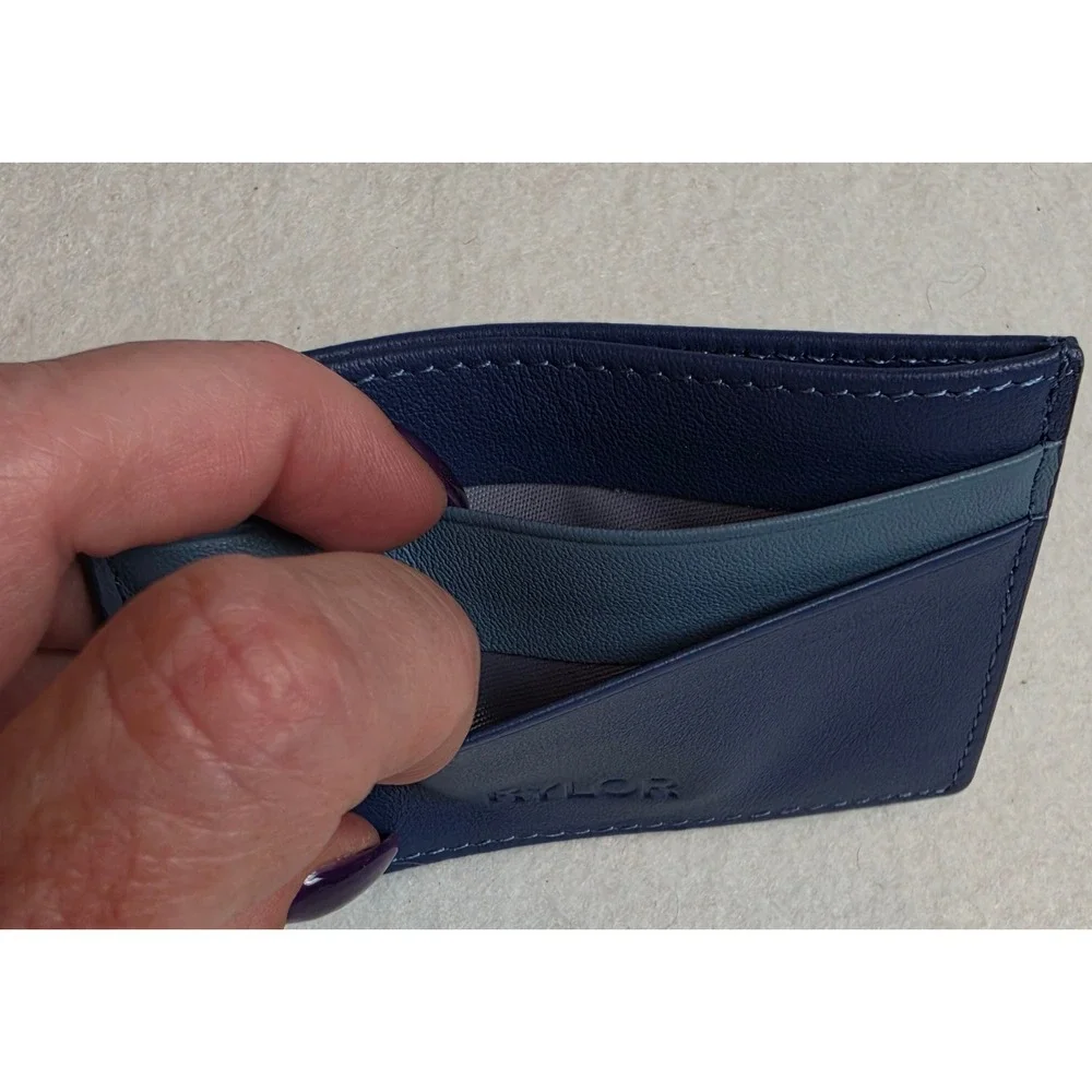 RYLOR Navy Blue Leather Card Holder Wallet Slim Minimalist Credit Card Case